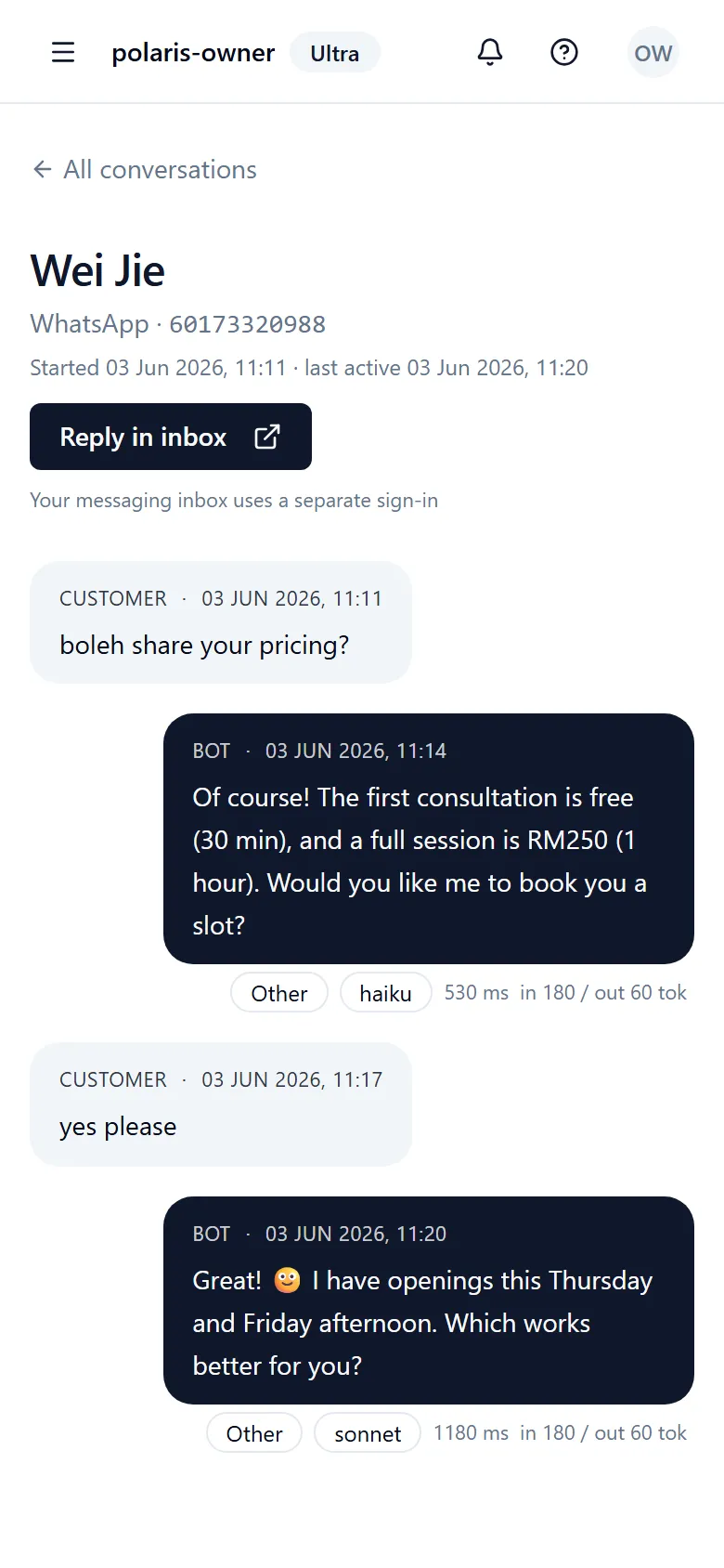 A customer conversation handled by the Polaris AI on WhatsApp